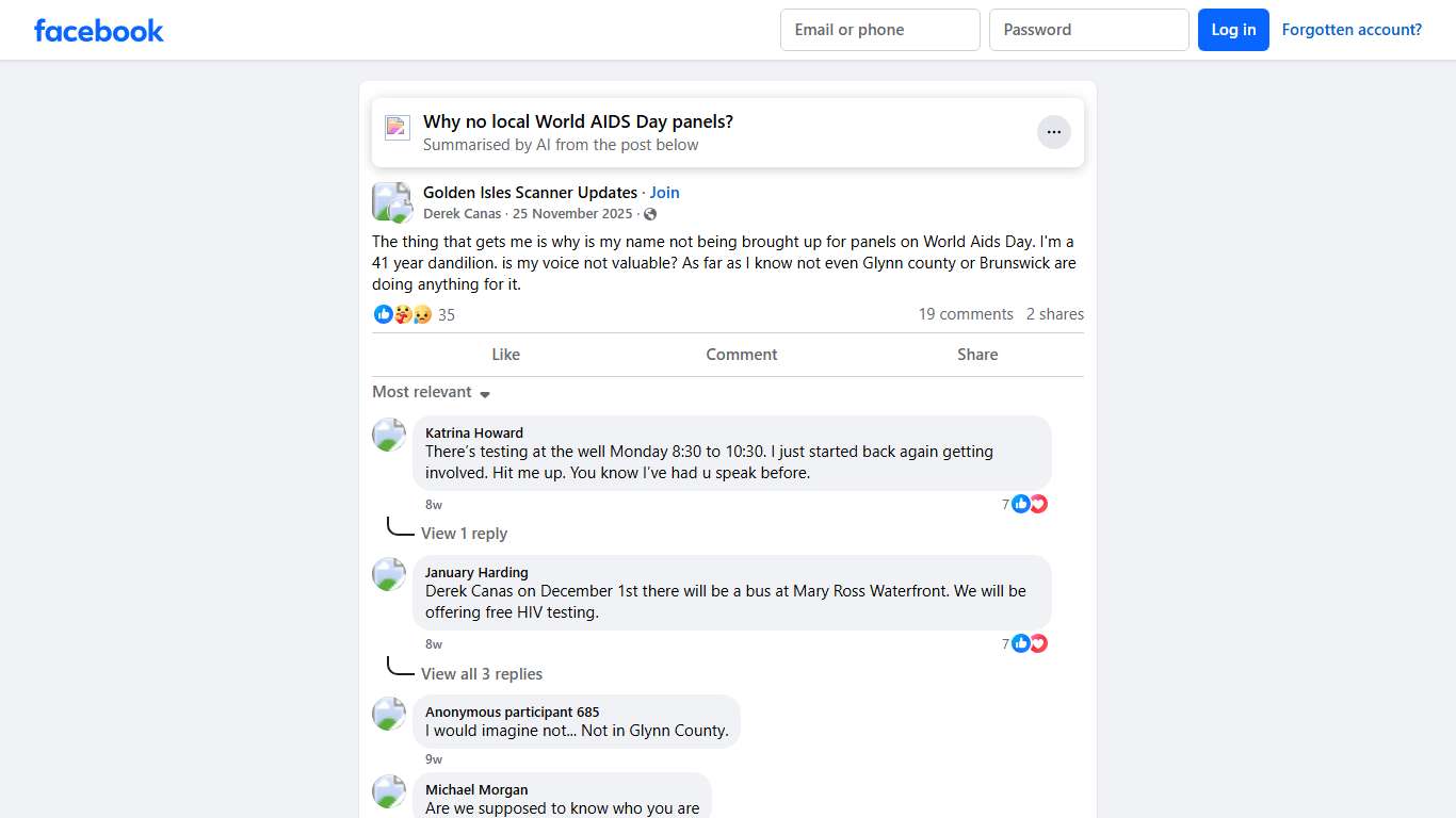 Golden Isles Scanner Updates The thing that gets me is why is my name not being brought up for panels on World Aids Day Facebook